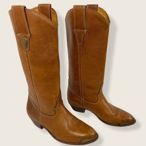 Frye Leather Cowboy Boots Western Brown Tall Size 5.5 Made in USA Heeled Brown